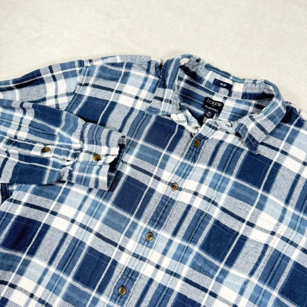 J.‎ Crew Slim Fit Flannel Plaid Long Sleeve Shirt Men's XL Blue White